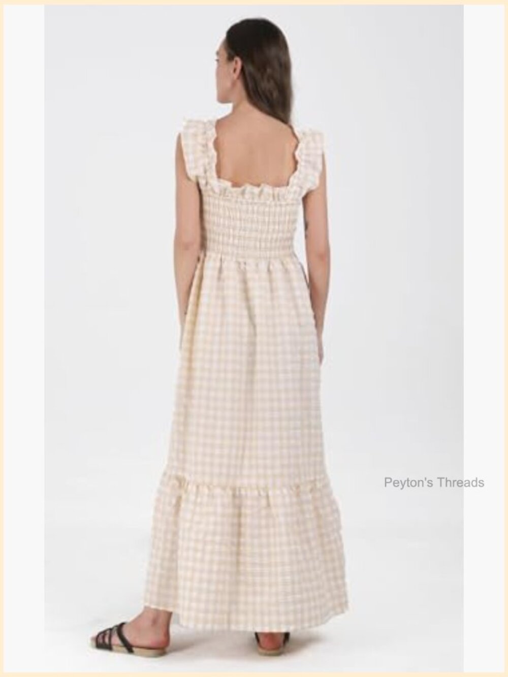 Sleeveless Strap Retro Plaid A-Line Smocked Maxi Long Dress Ruffled Hem - Picture 4 of 5